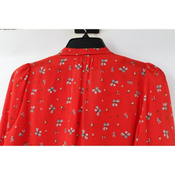 Rixo London Blouse Womens Small Silk Moss Red Floral Print Tie V Neck Top - Picture 9 of 13